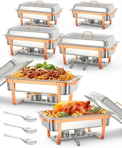 6 Pack Chafing Dishes for Buffet, Stainless Steel Catering Chafer with Lids, Pans & Fuel Holder, 8QT Food Warmers for Parties Buffet, Buffet Servers and Warmers for Parties, Events, Weddings,Rose Gold