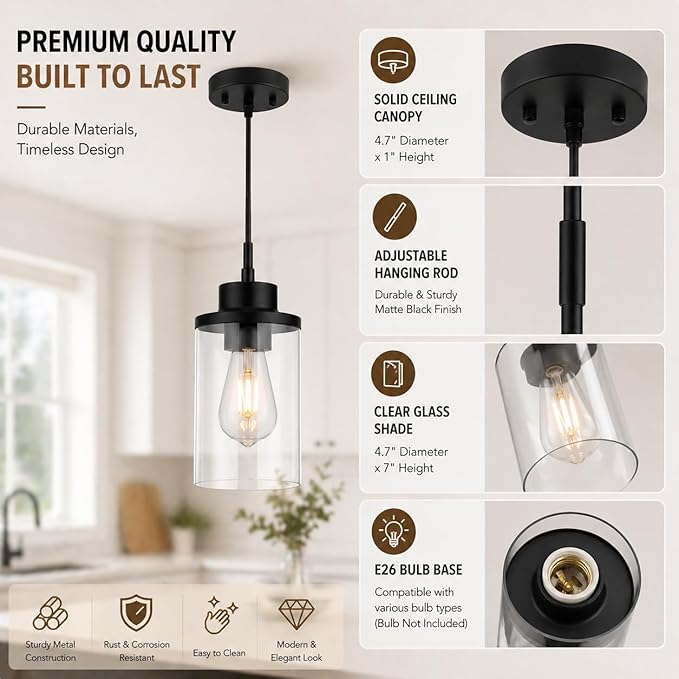 Modern Black Farmhouse Clear Glass Cylinder Pendant Light Fixture, Single Hanging Pendant Lighting for Kitchen Island, Dining Room, Foyer & Hallway(2 Packs)