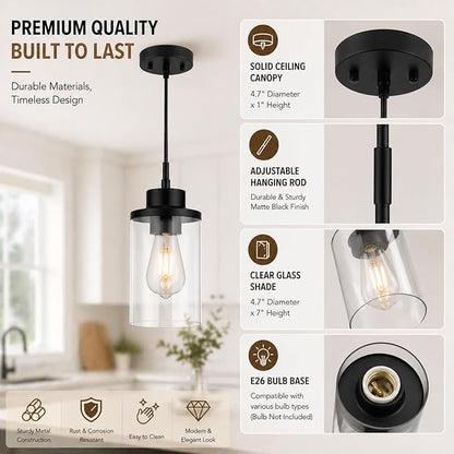 Modern Black Farmhouse Clear Glass Cylinder Pendant Light Fixture,Ceiling Hanging Metal Industrial Mini Pendant Lighting for Kitchen Island Dining Table Bedroom Hallway Foyer…