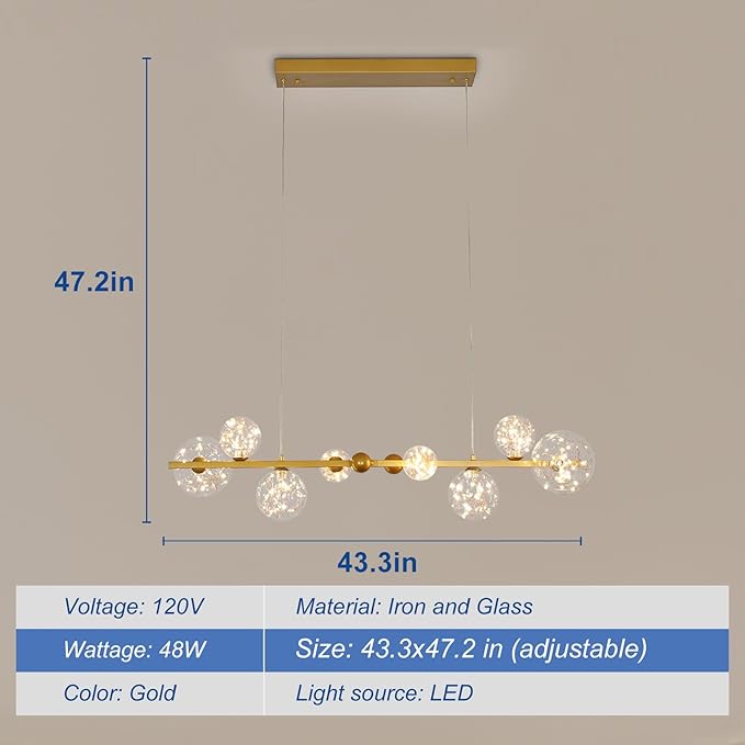 Depuley Linear Chandeliers for Dining Room: 43.3In Sputnik Chandeliers 8-Light Glass Globe Chandelier - Modern Gold Bubble Large Pendant Lights for Kitchen Island Lighting