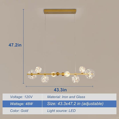 Depuley Linear Chandeliers for Dining Room: 43.3In Sputnik Chandeliers 8-Light Glass Globe Chandelier - Modern Gold Bubble Large Pendant Lights for Kitchen Island Lighting