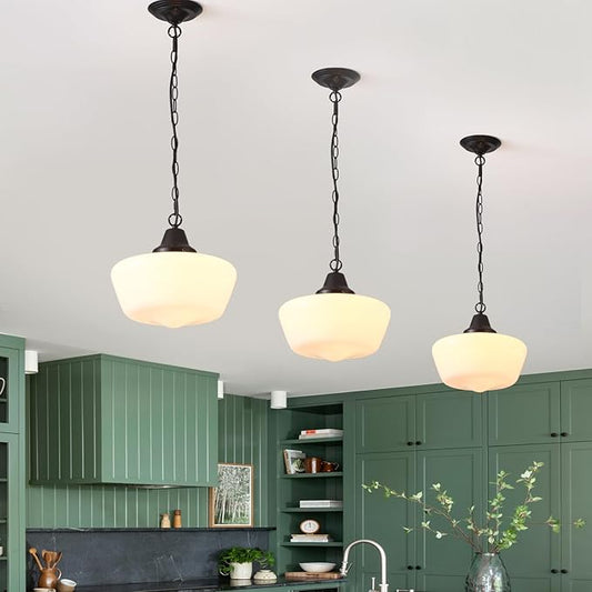 Schoolhouse Pendant Fixture, 12 Inch Black Finish with Milk Glass Adjustable Mid Century Ceiling Pendant Lighting, Pendant Light Fixtures for Kitchen Hallway Entrywa Dining Room