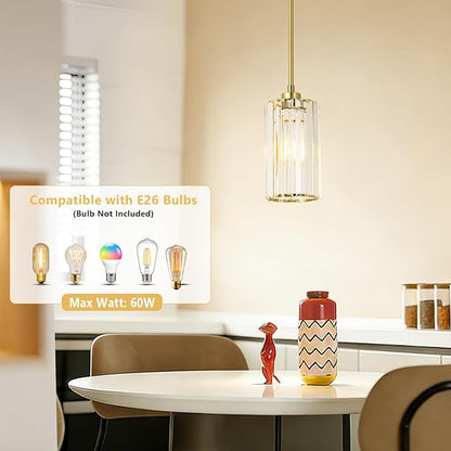 LAMSU Crystal Pendant Lights, Modern Gold Pendant Lighting with Clear Glass Shade, Small Brass Chandelier Light Fixtures Ceiling Hanging for Dining Room Kitchen Island Bedroom Foyer Hallway