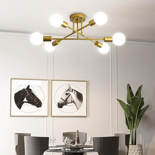 Ceiling Light Fixture, 6-Light Ceiling Light Chandelier, Modern Dinning Room Light Fixture, Sputnik Gold Light Fixtures Ceiling Mount, Semi Flush Mount Ceiling Light Fixtures for Living Room