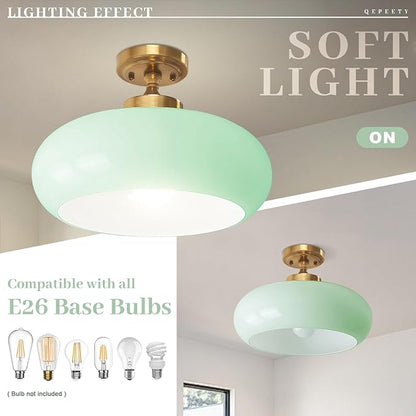 Mint Green Ceiling Light, Gold Hallway Light Scandinavian Flush Mount with Glass Shade, Vintage Flush Ceiling Light for Living Room Bedroom, Bathroom Lighting Fixture