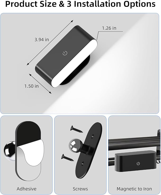 Battery Operated Wall Sconce Set of 2, Rechargeable LED Wall Mounted Light with Remote Control, Stick On Magnetic Wall Lights for Bedroom, 3 Modes Dimmable Bedside Reading Wall Lamps for Bedroom