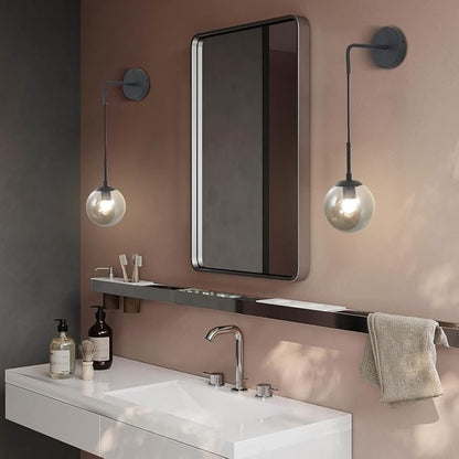 BOKT Modern Smoke Gray Glass Ball Wall Sconce Lighting Mid Century Matte Black Wall Mount Light Fixture Vanity Globe Bathroom Wall Lamp (Black+Smoke Gray)