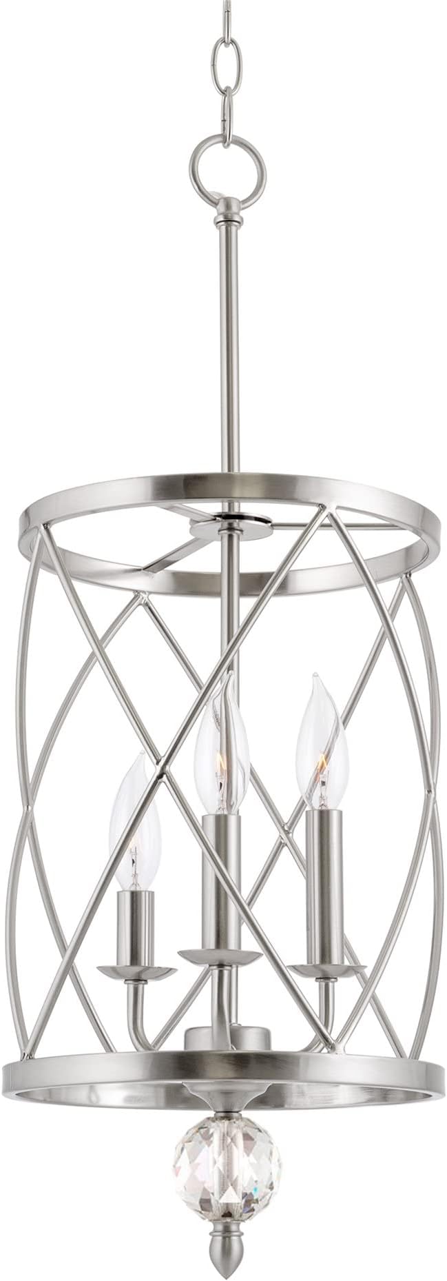 Kira Home Eleanor 27" Modern 3-Light Geometric Lantern Chandelier, Cylinder Trellis Cage Pendant Light with Crystal Finial, Brushed Nickel Finish