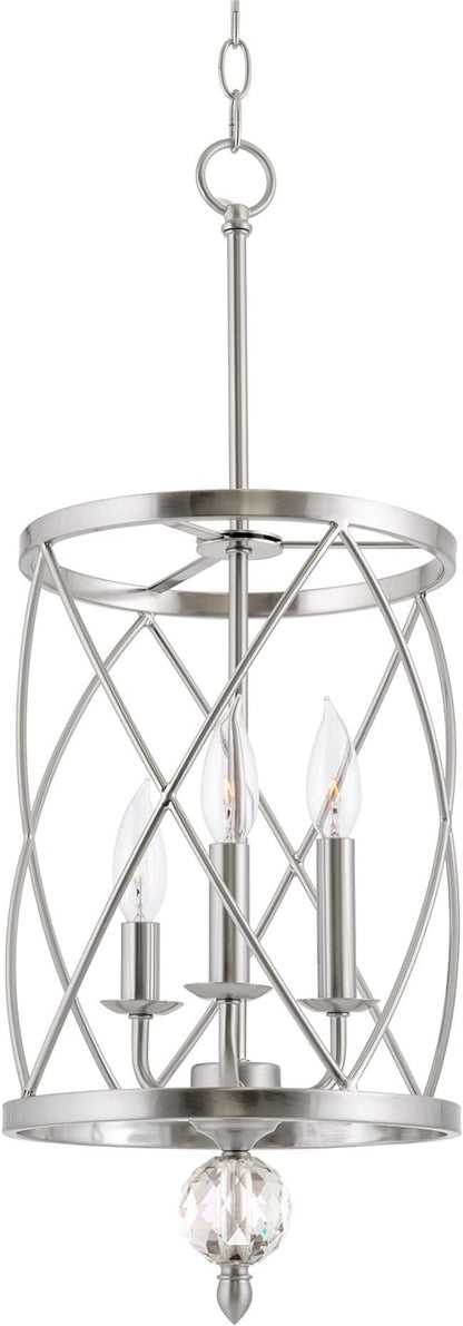 Kira Home Eleanor 27" Modern 3-Light Geometric Lantern Chandelier, Cylinder Trellis Cage Pendant Light with Crystal Finial, Brushed Nickel Finish