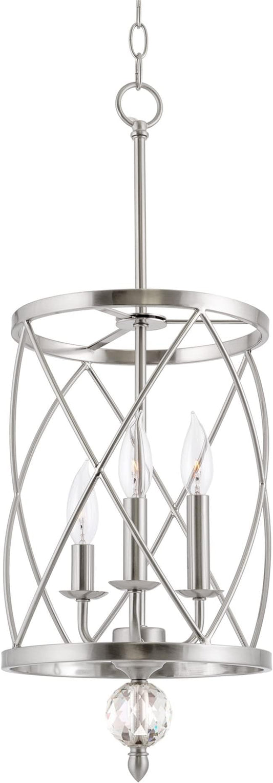 Kira Home Eleanor 27" Modern 3-Light Geometric Lantern Chandelier, Cylinder Trellis Cage Pendant Light with Crystal Finial, Brushed Nickel Finish