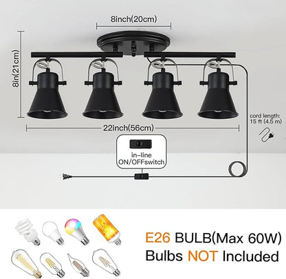 Modern Plug-in Ceiling Lighting,4 Light Track Lighting Fixtures, Industrial Black Kitchen Track Lighting Fixtures Ceiling for Kitchen, Living Room, Dining Room, Hallway.