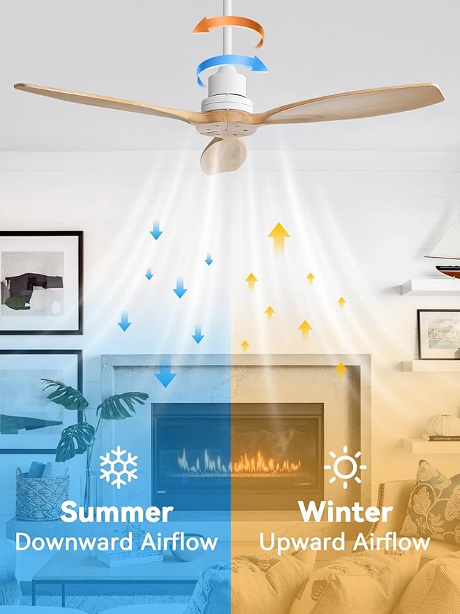 Sofucor 52 Inch Ceiling Fan no Lights, Quiet 6-Speed 3 Blades Modern Wood Ceiling Fan with Remote, for Indoor Bedroom Living Room Outdoor Patio Porch