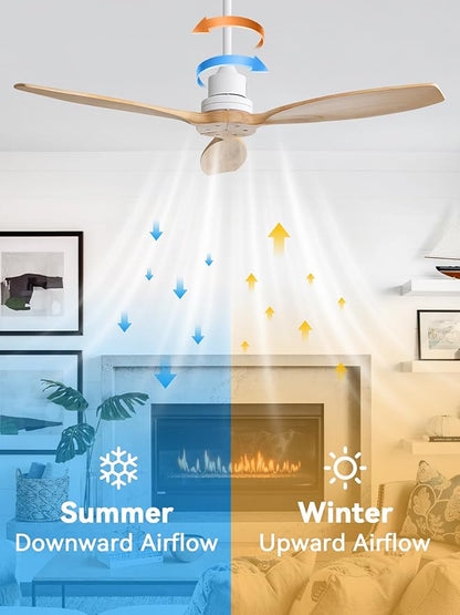 Sofucor 52 Inch Ceiling Fan no Lights, Quiet 6-Speed 3 Blades Modern Wood Ceiling Fan with Remote, for Indoor Bedroom Living Room Outdoor Patio Porch
