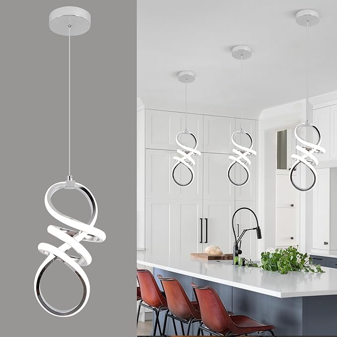EIDISUNY Modern Led Pendant Light Fixture, 15W Chrome Spiral Pendant Light Kitchen Island, 4500K Daylight White Pendant Lamp, Adjustable Height Chandelier for Kitchen Dining Room Bedroom (Chrome)