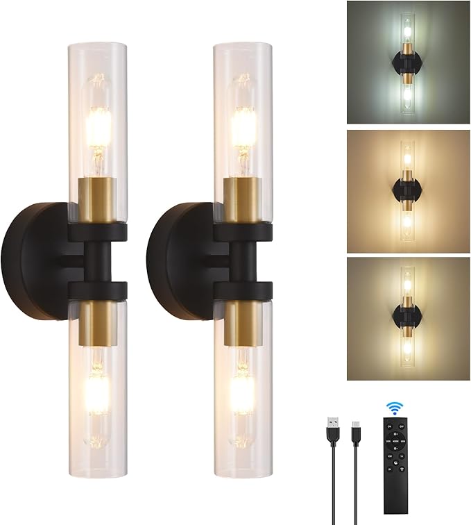 Battery Operated Wall Sconces Set of 2, 330° Rotation 3000K-6000K Dimmable Wireless Wall Sconce with Clear Glass Black Gold 10400mAh USB Rechargeable Wall Lights with Remote Bulbs Included 2 Pack