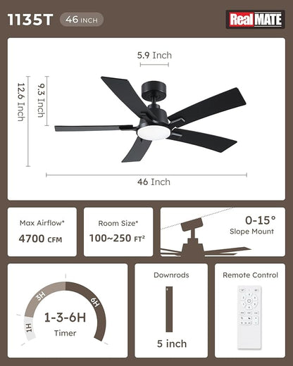 46 Inch Ceiling Fans with Lights and Remote, Black Ceiling Fan, Downrod Style with 5 Blades, Modern Design For Indoor Bedroom Living Room/Outdoor, 6 Speed Reversible DC Motor, 3CCT Dimmable LED