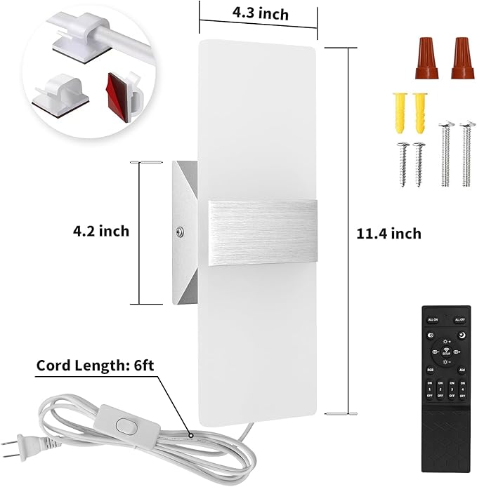 GOODATE Plug in Wall Sconces with Stepless Adjustable 3000K-6500K Colors and 10%-100% Brightness, Sconces Wall Lighting with Remote Control 12W Acrylic LED Wall Lamp with 6FT Plug in Cord, 1 Pack