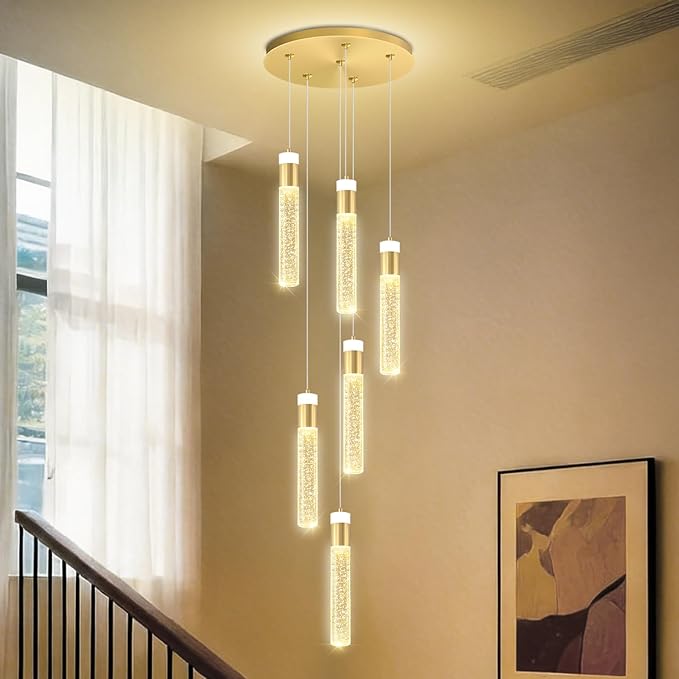 6-Light Gold Long Crystal Column Chandelier for High Ceiling Modern LED Crystal Raindrop Chandeliers for Living Room Foyer Chandelier Lighting, Dimmable 3000k-6000K