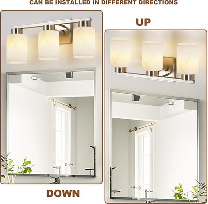 3-Light Bathroom Light Fixtures, Modern Vanity Lights, Brushed Nickel Metal Wall Lamp with White Marble Glass for Bathroom, Mirror, Living Room, Bedroom, Cabinet, Porch, Hallway, E26 Base