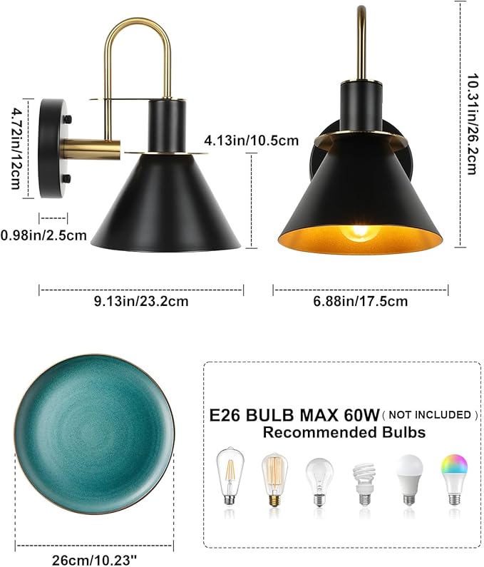 WILON Gold and Black Wall Sconces Set of Two, Modern Farmhouse Wall Light Fixture, Industrial Indoor Wall Lamp for Bathroom Kitchen Sink Bedroom Living Room Bedside Hallway
