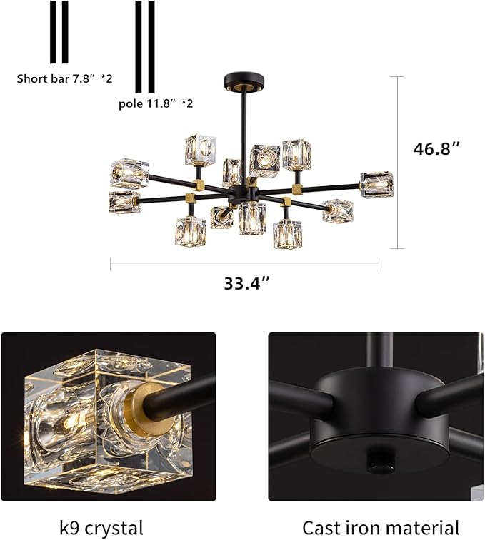 Modern Crystal Chandelier with 12 Lights, Black and Gold Sputnik Chandeliers for Dining Room Modern Sputnik Chandelier Pendant Light fixtures for Living Room,Entryway,Kitchen Island, Bedroom