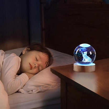 3D Cat Figurine in Crystal Ball Nightlight with Colorful LED Base, Cute Cat Lover Gifts for Woman, Crystal Glass Kitten Collectibles Kitty Handmade Emotional Support