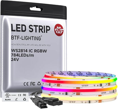 BTF-LIGHTING FCOB COB LED Strip Light, WS2814 Smart IC RGBW 3000K Color Chasing Light, UL Listed DC24V 9.8FT 784LEDs/m High Density 10mm Width for Home Party DIY Decor(No Adapter or Controller)
