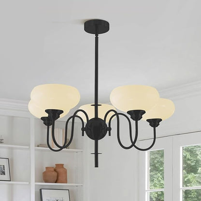 BOKT Black Chandelier for Bedroom, Modern Milk White Bowl Chandelier for Living Room, Adjustable 5 Light Farmhouse Chandeliers with Extension Rods