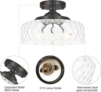 Daunton Black Semi Flush Mount Ceiling Light, 3-Light Ceiling Light with Hammered Glass, Vintage Hallway Lights, Closet Light Fixture, Kitchen Flush Ceiling Mount for Entryway Bedroom Bathroom,E12