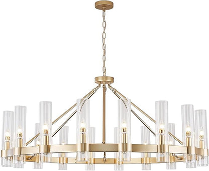 Gold Wagon Wheel Chandelier with Glass Shape D50 Large Round Chandelier Lighting for High Ceiling, Hanging Pendant Light Fixtures for Living Room, Dining Room (Gold + Glass Shape)