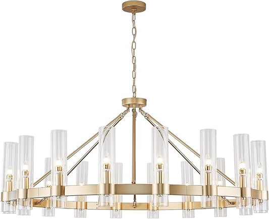 Gold Wagon Wheel Chandelier with Glass Shape D50 Large Round Chandelier Lighting for High Ceiling, Hanging Pendant Light Fixtures for Living Room, Dining Room (Gold + Glass Shape)