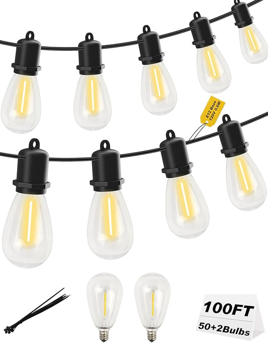 100 FT LED Outdoor String Lights - 50+2 Shatterproof Vintage Edison Bulbs | Commercial Grade Waterproof | Outside Hanging Patio Lights for Wedding, Party, Pool & Yard (Connectable, 2700K)