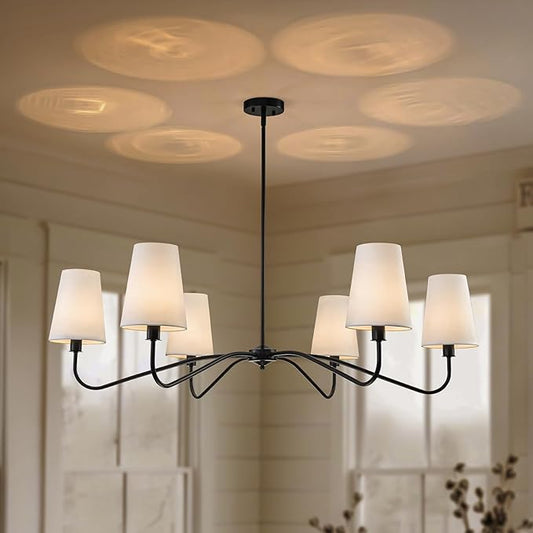 47'' Oversized Modern Chandelier with Shades, Farmhouse Chandelier, 6-Light Large Black Chandelier for Living Room, Adjustable Traditional Chandeliers for Foyer Kitchen E12 Base