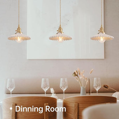 Shenmoyl Pendant Light with White Pleated Ceramic Lmapshade, Brass Vintage Pendant Light Adjustable Hanging Light for Kitchen Island Dining Room Hallway