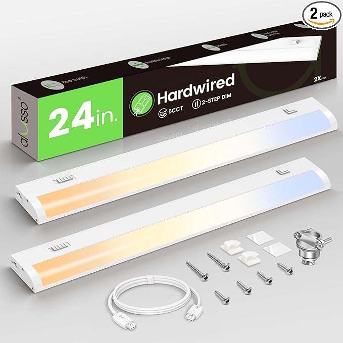 ALUSSO 24 Inch LED Under Cabinet Lighting Hardwired 120V, 5CCT Color Selectable 2700K-5000K Dimmable 15W 1200LM High Brightness, CRI 90+ Strip Linkable Under Counter Lights for Kitchen Sink, 2 Pack