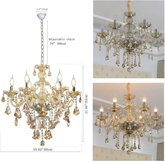 Modern K9 Crystal Chandelier Cognac 6 Lights, E12 Base Candle Crystal Pendant Lighting Fixture, Elegant Crystal Ceiling Light for Dinning Living Room Bedroom Hallway (6 Lights)