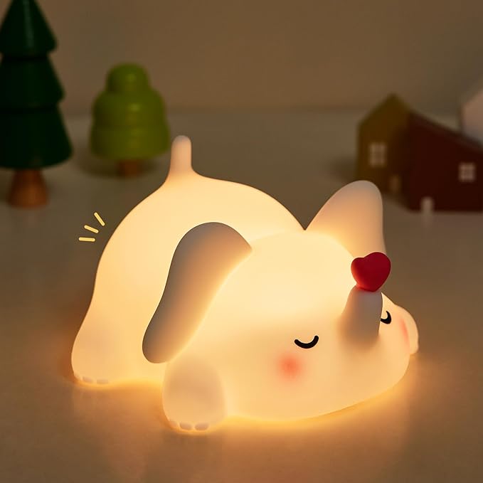YR YRHH-PET Sweet Heart Elephant Night Light, LED Squishy Novelty Animal Cute Lamp, Food Grade Silicone Nightlight, Dimmable Light Up Elephant Decor for Room College, Boys Girls White Elephant Gifts