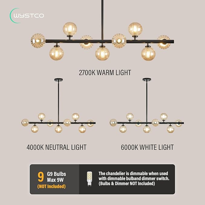 Mid Century Modern Glass Globe Sputnik Chandelier, 9-Light Linear Chandeliers for Dining Room, Kitchen Island, Living, Dining Room Light Fixture Over Table, Black and Amber Bubble, 40 Inch