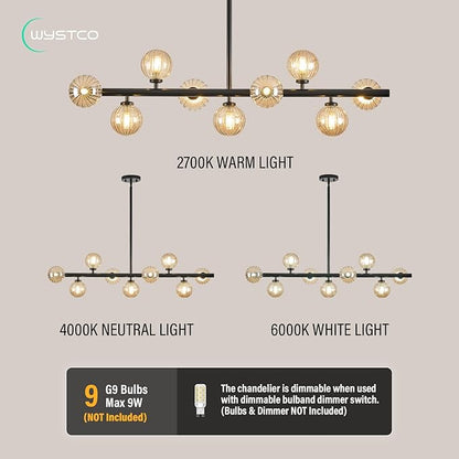 Mid Century Modern Glass Globe Sputnik Chandelier, 9-Light Linear Chandeliers for Dining Room, Kitchen Island, Living, Dining Room Light Fixture Over Table, Black and Amber Bubble, 40 Inch
