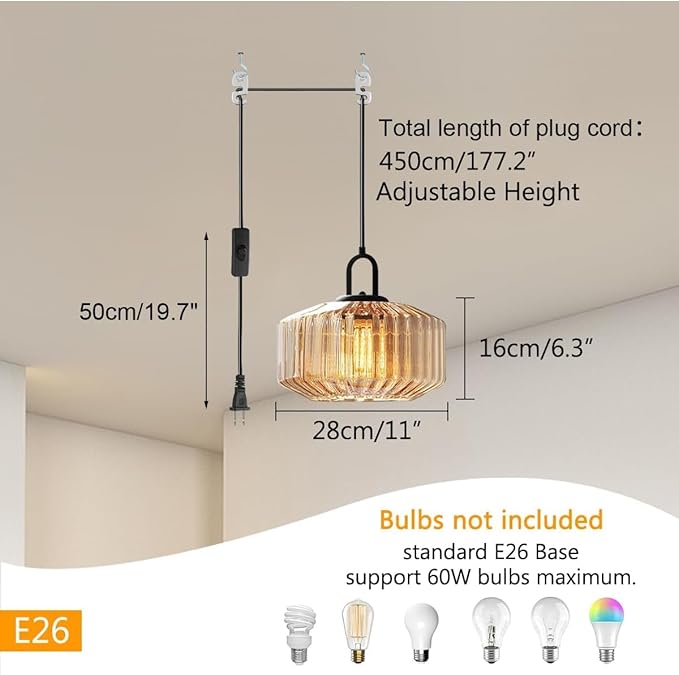 Amber Plug in Pendant Light, Hanging Lamps for Living Room Plug in Glass Globe Pendant Light, Modern Plug in Cord Pendant Hanging Light with 14.7 ft Cord On/Off Switch Striped Glass Shade