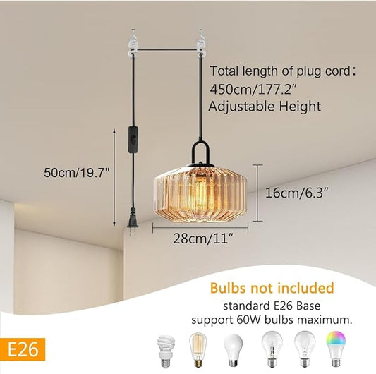 Amber Plug in Pendant Light, Hanging Lamps for Living Room Plug in Glass Globe Pendant Light, Modern Plug in Cord Pendant Hanging Light with 14.7 ft Cord On/Off Switch Striped Glass Shade
