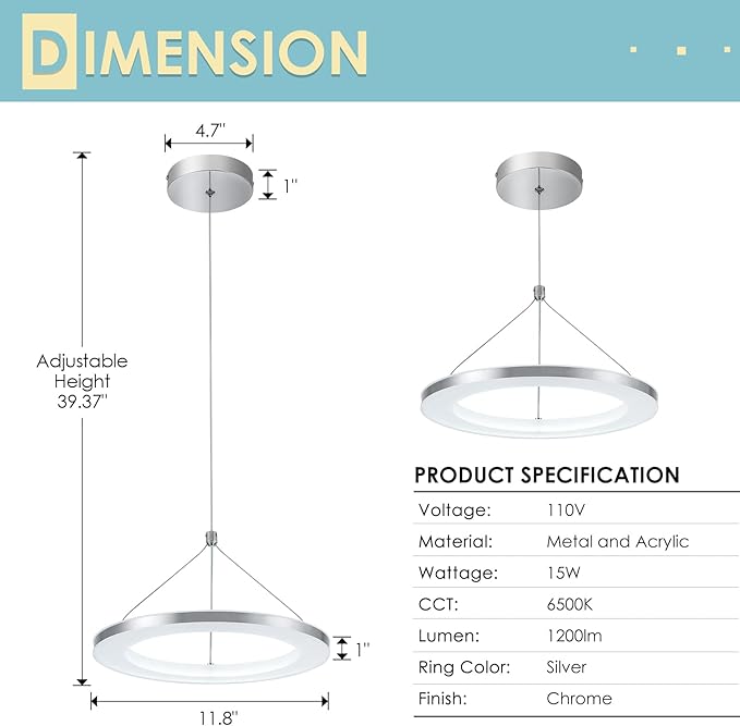 CHYING 3 Pack LED Modern Pendant Lights Kitchen Island, 11.8" 15W Cool White Ring Chandelier, Adjustable Height Silver Hanging Pendant Ceiling Light for Dining Room Bedroom Hallway Entryway, 6500K