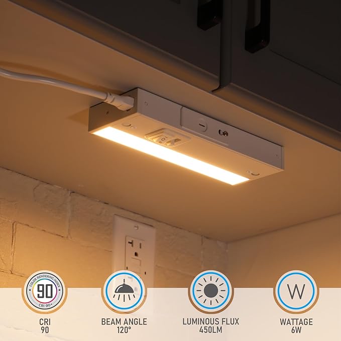 TORCHSTAR LED Under Cabinet Lighting 5CCT, 8 Inch 6W 450LM, Hardwired & Plug-in, 5 Color Selectable CRI90 120V ETL T24 Listed Dimmable Under Counter Lights for Kitchen, White Aluminum Housing, 2 Pack