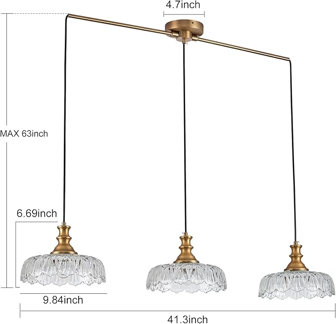 HDDFL Vintage Pendant Lighting Fixtures Modern Glass Hanging Lamp with Adjustable Cord for Kitchen Island Dining Room Hallway 3 Light Brass and Clear