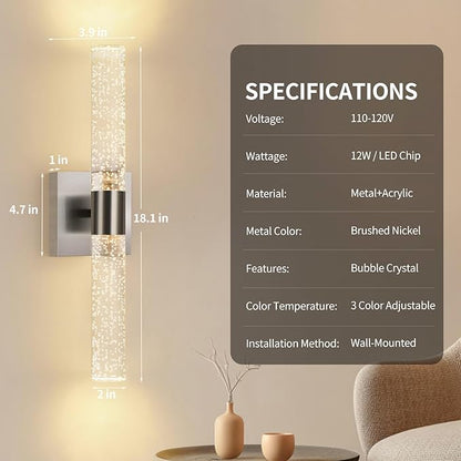 Modern Wall Sconces Set of Two in Brushed Nickel Finish 18 Inch 3000K-6000K Led Bathroom Sconce Lights Indoor Hardwired Wall Lamp for Bedroom Living Room Hallway, 12W