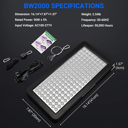 Upgraded BW2000 LED Grow Lights Double Chips Full Spectrum with 10ft Cable for Greenhouse and Indoor Plant Veg and Flower Growing [Black]