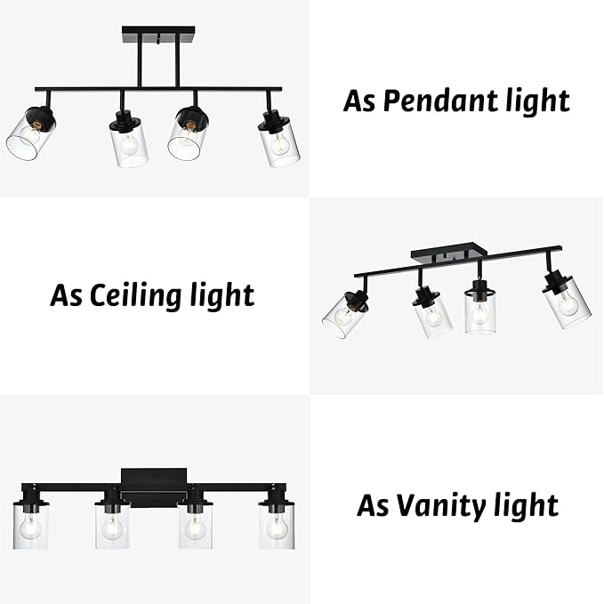 4 Lights Ceiling Light Fixtures with Flexibly Rotatable Light Head Black Bathroom Lights Modern Complete Track Lighting Kits with Clear Glass Shade, E26 Base