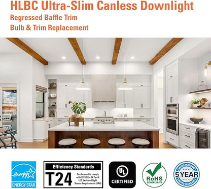 HALO HLBC 6 in Ultra-Slim Canless LED Recessed Downlight with Regressed Lens, Selectable CCT 2700K-5000K, Dim-to-Warm Technology, 900 Lumens, Wet Location Rated - HLBC6099FSD2W1EMW