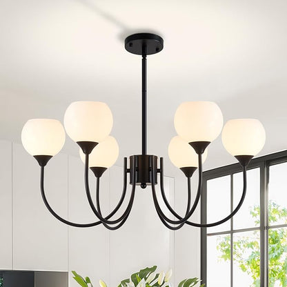Mid Century Chandelier Light Fixture Black Sputnik Pendant 6 Lights, Modern Ceiling Light Fixture with Milk Glass Globe Adjustable for Dining Room Living Room Bedroom