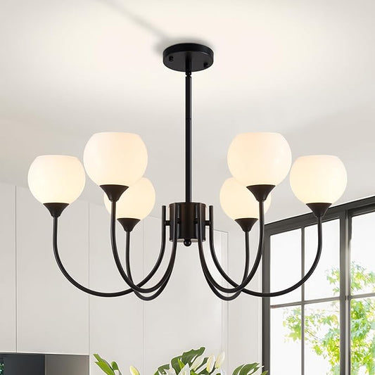 Mid Century Chandelier Light Fixture Black Sputnik Pendant 6 Lights, Modern Ceiling Light Fixture with Milk Glass Globe Adjustable for Dining Room Living Room Bedroom